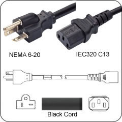 AC Power Cord NEMA 6-20 Plug to IEC 60320 C13 Connector 1 Foot 15a/250v 14/3 SJT