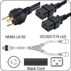 Splitter Power Cord L6-30 Plug to 2 Way IEC 60320 C19 Connector 6 Feet