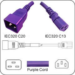 C20 Plug Male to C13 Connector Female 1 Feet 15 Amp 14/3 SJT 250v Power Cord- Violet